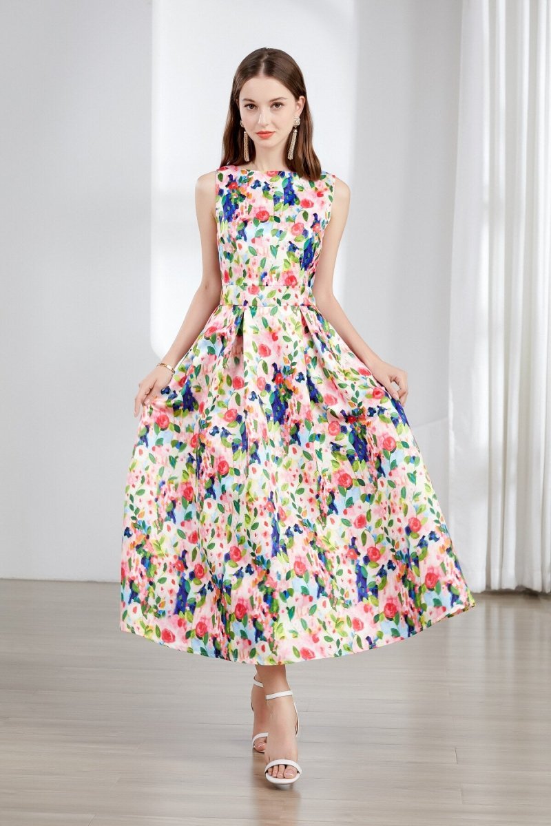 Floral Sleeveless Boatneck Flared A Line Midi Dress - Jamesilva