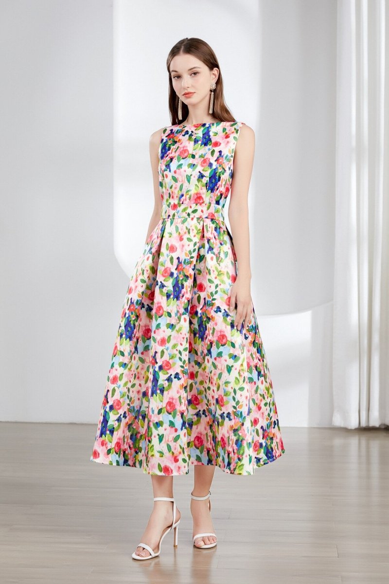 Floral Sleeveless Boatneck Flared A Line Midi Dress - Jamesilva