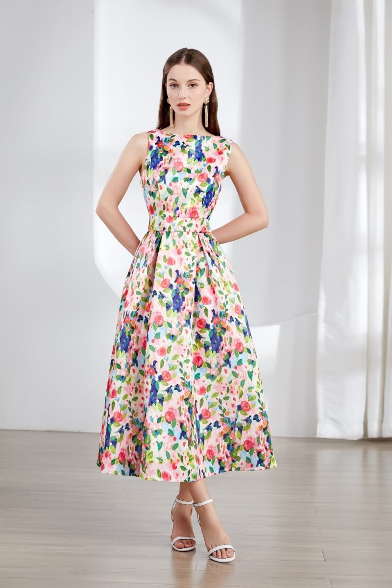 Floral Sleeveless Boatneck Flared A Line Midi Dress - Jamesilva