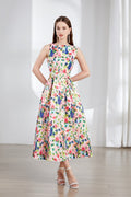 Floral Sleeveless Boatneck Flared A Line Midi Dress - Jamesilva
