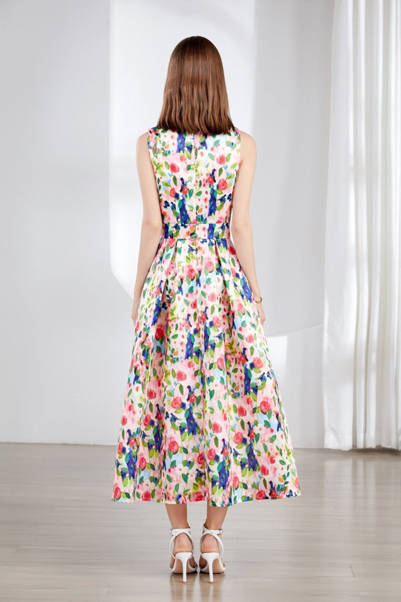 Floral Sleeveless Boatneck Flared A Line Midi Dress - Jamesilva